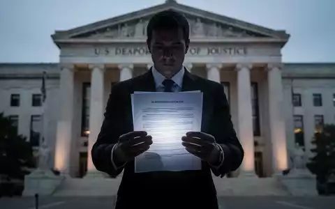 Eine verschwommene Figur in einem Anzug hält ein leuchtendes Dokument vor dem unscharfen Hintergrund des US-Justizministeriums. - Foto: über boerse-global.de