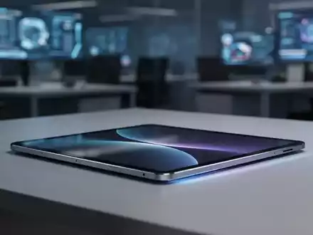 A sleek, modern Xiaomi tablet, viewed from an angle, resting on a minimalist desk with a soft screen glow. - Foto: über boerse-global.de
