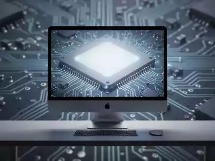 Ein Apple Mac Studio Computer auf einem Schreibtisch mit einem unscharfen Hintergrund, der Mikrochips andeutet. - Foto: über boerse-global.de