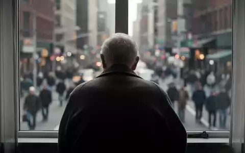 Eine einsame ältere Person blickt aus einem Fenster auf eine verschwommene Stadtstraße, was Isolation und Nachdenklichkeit vermittelt. - Foto: über boerse-global.de