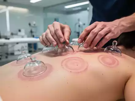Nahaufnahme von Schröpfgläsern auf dem Rücken einer Person in einer Physiotherapiepraxis, die Haut zeigt rote Kreise. - Foto: über boerse-global.de