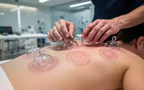 Nahaufnahme von Schröpfgläsern auf dem Rücken einer Person in einer Physiotherapiepraxis, die Haut zeigt rote Kreise. - Foto: über boerse-global.de