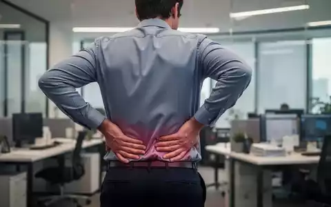 Eine Person im Büro, die sich den unteren Rücken hält, um Schmerzen und Unbehagen bei der Arbeit zu symbolisieren. - Foto: über boerse-global.de