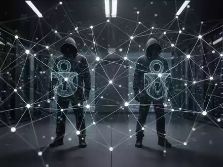 Zwei abstrakte Hacker-Symbole oder Figuren operieren unentdeckt in einem komplexen digitalen Netzwerk, das durch leuchtende Linien und Knoten dargestellt wird. - Foto: über boerse-global.de