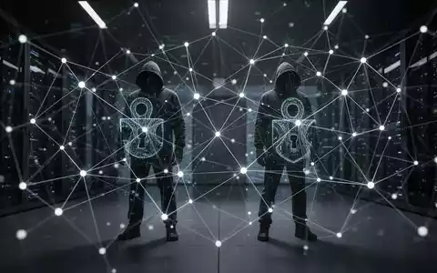 Zwei abstrakte Hacker-Symbole oder Figuren operieren unentdeckt in einem komplexen digitalen Netzwerk, das durch leuchtende Linien und Knoten dargestellt wird. - Foto: über boerse-global.de