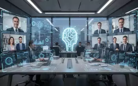 Holographic interfaces in a modern office, displaying data and virtual meetings, with an abstract AI icon, representing hybrid work and AI. - Foto: über boerse-global.de