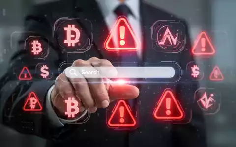 Eine Hand interagiert mit einem holografischen Interface, das Krypto-Symbole und eine Suchleiste mit roten Warnzeichen zeigt. - Foto: über boerse-global.de