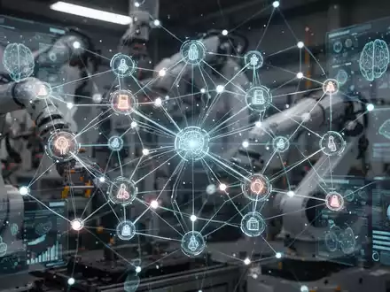 Abstract network of glowing lines and nodes representing AI agents and LLMs, with blurred industrial machinery in the background. - Foto: über boerse-global.de