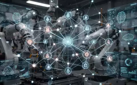 Abstract network of glowing lines and nodes representing AI agents and LLMs, with blurred industrial machinery in the background. - Foto: über boerse-global.de