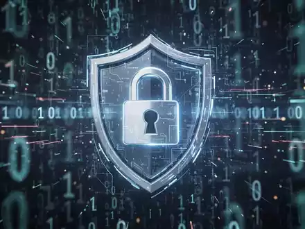 Ein abstraktes digitales Schloss oder Schildsymbol über einem verschwommenen Hintergrund aus leuchtendem Binärcode und Datenströmen. - Foto: über boerse-global.de