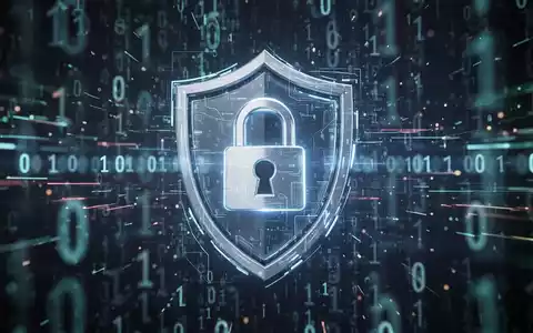 Ein abstraktes digitales Schloss oder Schildsymbol über einem verschwommenen Hintergrund aus leuchtendem Binärcode und Datenströmen. - Foto: über boerse-global.de