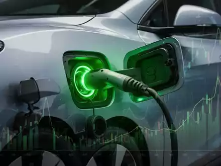 Ein gebrauchtes Elektroauto lädt an einer Ladesäule, umgeben von einem subtilen grünen Leuchten und Finanzdaten-Overlays. - Foto: über boerse-global.de