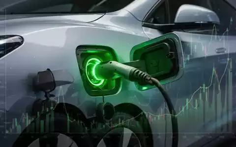 Ein gebrauchtes Elektroauto lädt an einer Ladesäule, umgeben von einem subtilen grünen Leuchten und Finanzdaten-Overlays. - Foto: über boerse-global.de