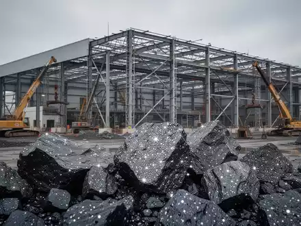 Eine moderne Industriefabrik in Ohio im Bau, mit Graphiterzproben im Vordergrund. - Foto: über boerse-global.de