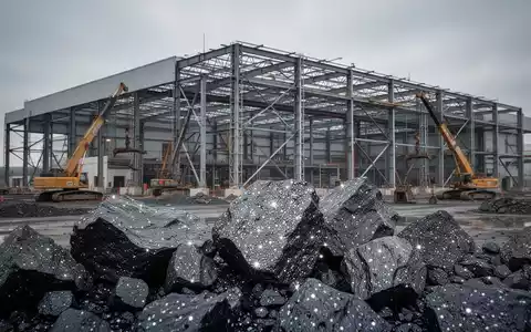 Eine moderne Industriefabrik in Ohio im Bau, mit Graphiterzproben im Vordergrund. - Foto: über boerse-global.de