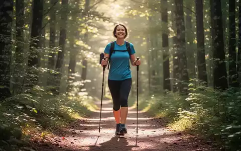 Eine Person macht Nordic Walking auf einem sonnigen Waldweg, umgeben von Bäumen und Grün. Die Person lächelt und ist in Bewegung. - Foto: über boerse-global.de