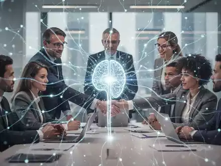 Abstract image of a glowing neural network connecting business professionals, symbolizing AI integration and partnership in an enterprise setting. - Foto: über boerse-global.de