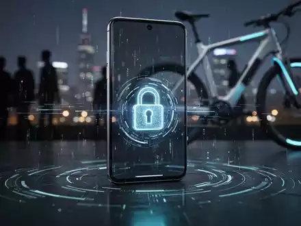 Ein futuristisches Smartphone mit einem leuchtenden Schloss-Symbol auf dem Bildschirm und einem unscharfen E-Bike im Hintergrund, das Sicherheit und Konnektivität symbolisiert. - Foto: über boerse-global.de