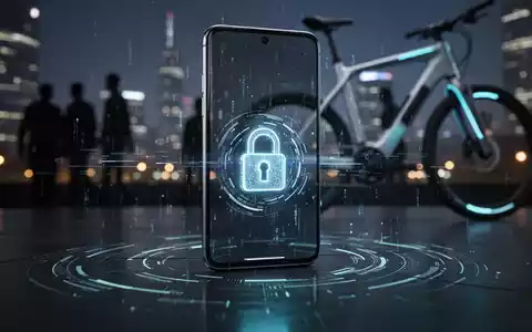 Ein futuristisches Smartphone mit einem leuchtenden Schloss-Symbol auf dem Bildschirm und einem unscharfen E-Bike im Hintergrund, das Sicherheit und Konnektivität symbolisiert. - Foto: über boerse-global.de