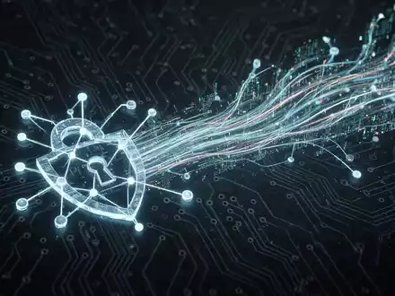 Abstract digital image showing glowing data lines leaking from a network symbol, illustrating a cybersecurity vulnerability. - Foto: über boerse-global.de