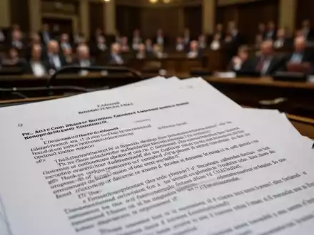 Nahaufnahme eines juristischen Dokuments oder Gesetzestextes mit unscharfem Hintergrund, der eine Anhörung oder ein Gericht andeutet. - Foto: über boerse-global.de