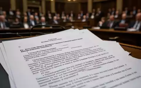 Nahaufnahme eines juristischen Dokuments oder Gesetzestextes mit unscharfem Hintergrund, der eine Anhörung oder ein Gericht andeutet. - Foto: über boerse-global.de