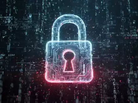 Abstraktes digitales Vorhängeschloss über einem dunklen, korrupten Datenstrom, das Ransomware und Datenverschlüsselung symbolisiert. - Foto: über boerse-global.de