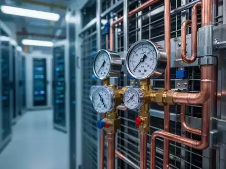 Nahaufnahme von Manometern und Kupferrohren einer modernen industriellen Klimaanlage, unscharfer Hintergrund einer Fabrikhalle. - Foto: über boerse-global.de