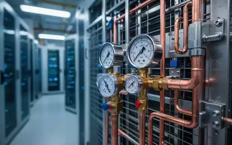 Nahaufnahme von Manometern und Kupferrohren einer modernen industriellen Klimaanlage, unscharfer Hintergrund einer Fabrikhalle. - Foto: über boerse-global.de