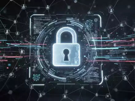 Ein futuristisches digitales Interface mit einem Schloss-Symbol und abstrakten Datenströmen, die Datenschutz und sichere Internetprotokolle symbolisieren. - Foto: über boerse-global.de
