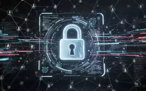 Ein futuristisches digitales Interface mit einem Schloss-Symbol und abstrakten Datenströmen, die Datenschutz und sichere Internetprotokolle symbolisieren. - Foto: über boerse-global.de