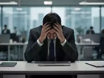 Eine gestresste Person sitzt am Schreibtisch, den Kopf in den Händen vergraben, in einem modernen Büro. - Foto: über boerse-global.de