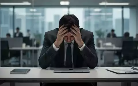Eine gestresste Person sitzt am Schreibtisch, den Kopf in den Händen vergraben, in einem modernen Büro. - Foto: über boerse-global.de