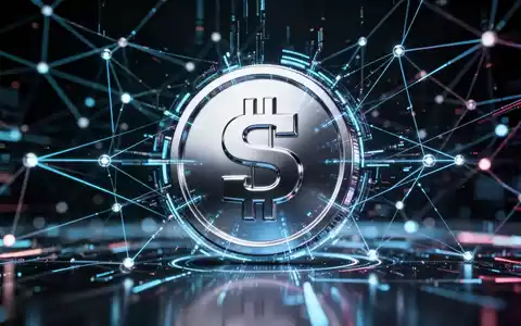 An abstract, high-tech image with glowing digital lines forming a network over a metallic stablecoin symbol, representing AI finance. - Foto: über boerse-global.de