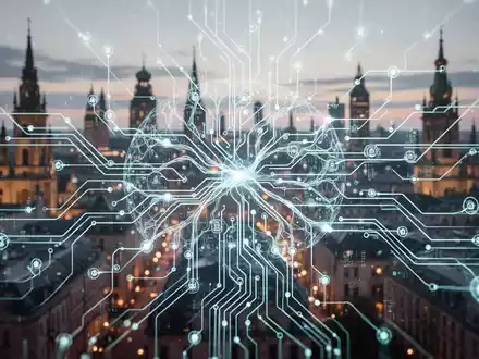 A glowing digital neural network with data streams, symbolizing diversified AI strategies, with a blurred European city in the background. - Foto: über boerse-global.de