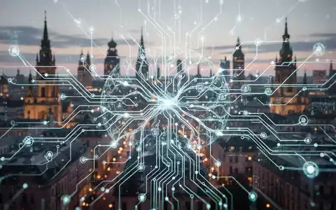 A glowing digital neural network with data streams, symbolizing diversified AI strategies, with a blurred European city in the background. - Foto: über boerse-global.de