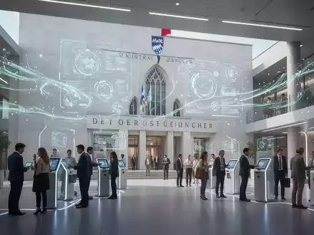Modernes Rathaus mit digitalen Projektionen und abstrakten Datenströmen, die die digitale Transformation der öffentlichen Verwaltung in Bayern symbolisieren. - Foto: über boerse-global.de