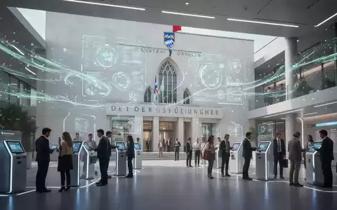 Modernes Rathaus mit digitalen Projektionen und abstrakten Datenströmen, die die digitale Transformation der öffentlichen Verwaltung in Bayern symbolisieren. - Foto: über boerse-global.de