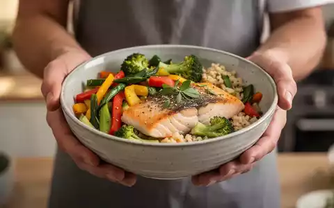 Hände halten eine Schale mit einer gesunden Mahlzeit, die Lachs und frisches Gemüse enthält, als Symbol für eine entzündungshemmende Ernährung. - Foto: über boerse-global.de