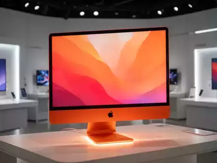 An orange 24-inch iMac desktop computer sits prominently in a brightly lit, modern retail store, highlighting its vibrant color. - Foto: über boerse-global.de