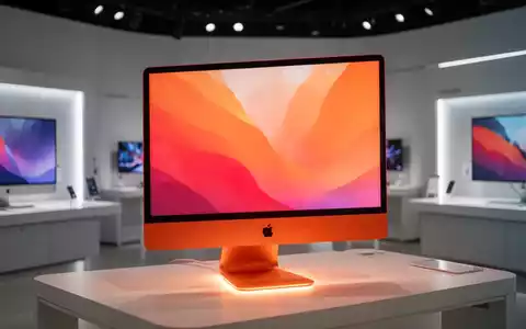 An orange 24-inch iMac desktop computer sits prominently in a brightly lit, modern retail store, highlighting its vibrant color. - Foto: über boerse-global.de
