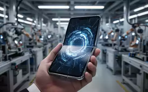 A person's hand holds a sleek, futuristic foldable smartphone with a glowing screen, against a blurred high-tech background. - Foto: über boerse-global.de