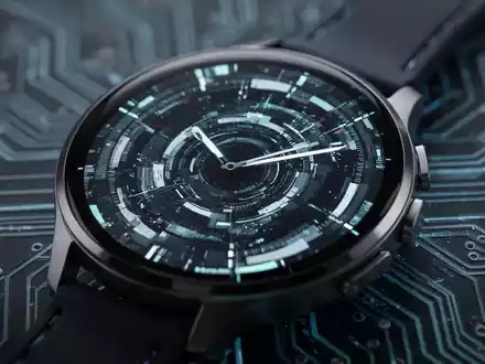 A close-up of a smartwatch face showing a digital interface with abstract, tech-like graphics, symbolizing a software update. - Foto: über boerse-global.de