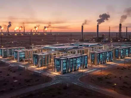 A vast, futuristic data center complex in West Texas at sunset, with industrial natural gas flares visible in the distant, arid landscape. - Foto: über boerse-global.de