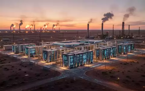 A vast, futuristic data center complex in West Texas at sunset, with industrial natural gas flares visible in the distant, arid landscape. - Foto: über boerse-global.de