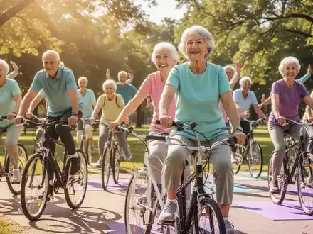 Eine Gruppe glücklicher Senioren nimmt an einer Outdoor-Fitnessaktivität in einem sonnigen Park teil, Symbol für gesundes Altern. - Foto: über boerse-global.de