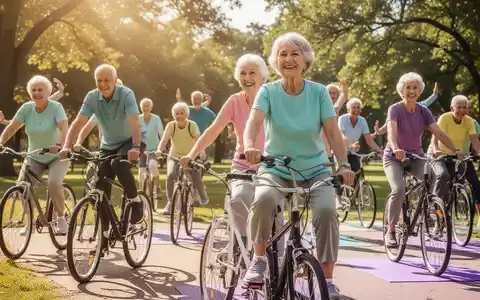 Eine Gruppe glücklicher Senioren nimmt an einer Outdoor-Fitnessaktivität in einem sonnigen Park teil, Symbol für gesundes Altern. - Foto: über boerse-global.de