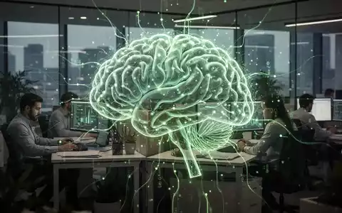 Ein stilisiertes, leuchtendes neuronales Netzwerk schwebt über einem modernen Büro mit Mitarbeitern, die an Computern arbeiten. Es symbolisiert KI und Nachhaltigkeit. - Foto: über boerse-global.de