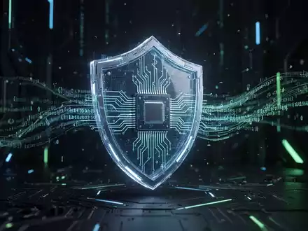 A glowing, abstract digital shield icon protecting a microchip with lines of code, symbolizing cybersecurity and data protection. - Foto: über boerse-global.de
