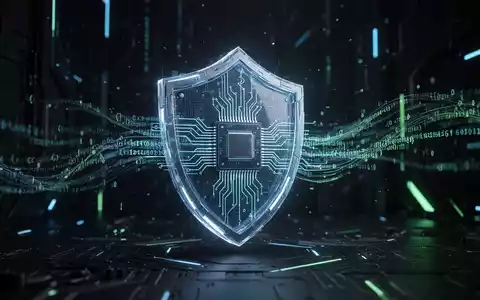 A glowing, abstract digital shield icon protecting a microchip with lines of code, symbolizing cybersecurity and data protection. - Foto: über boerse-global.de